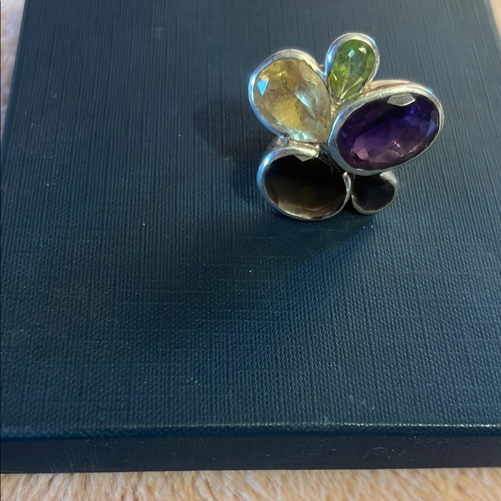 Vibrant Purple, Green Yellow Gemstone Flower Sterling Silver Ring